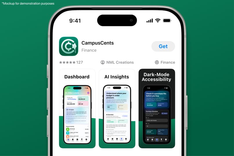 CampusCents App Store listing showing the Dashboard, AI Insights, and Dark-Mode Accessibility screens.